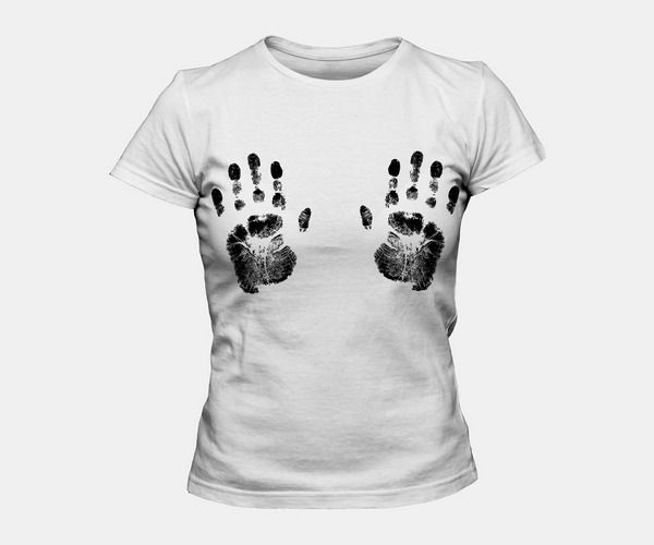 Funny white woman tshirt with handprints