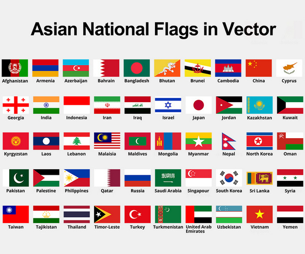 All Asian Country Flags With Names Vector