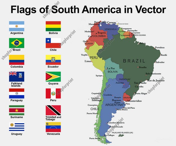 South America Flags with Names Vector