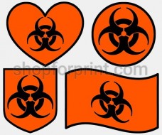 Biohazard Sign vector. Black symbols on orange background. Heart, Circle, Shield and Flag